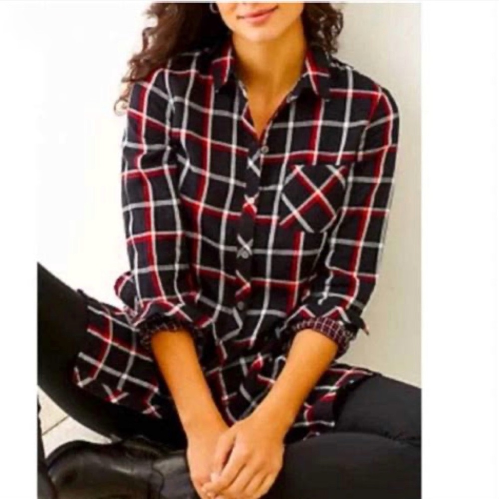 J Jill Double Cloth Tunic Button Up Shirt Black Red Plaid-Large